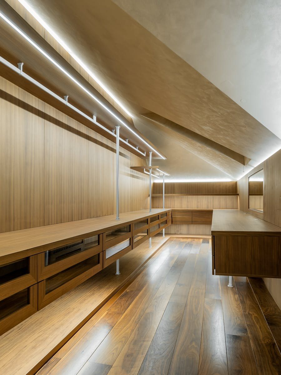 Warm timber-panelled interior